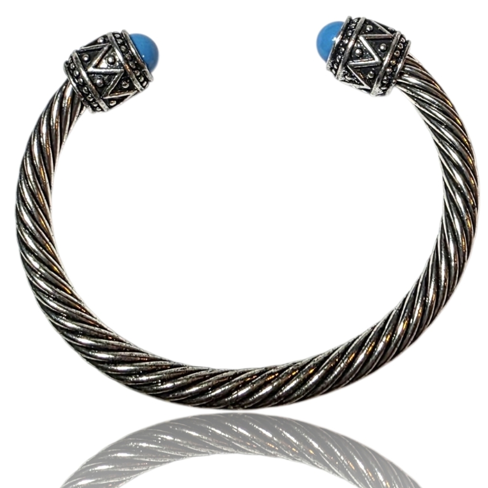 Boho Chic Silver Twisted Cable Cuff Bracelet W Tu… - image 1